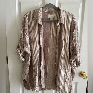 American Eagle Outfitters Brown and White Striped Button Down Shirt